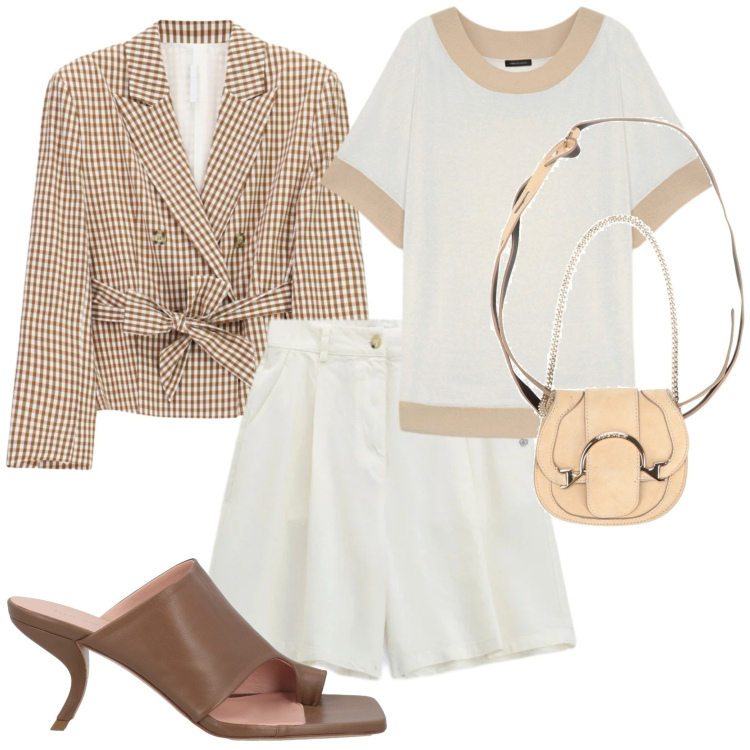 Outfit donna - Pranzo fuori a Maggio. Stile Casual chic per Tutti i giorni. Abbinamento con marsupi, ciabatte, blazer, bermuda, t-shirt.