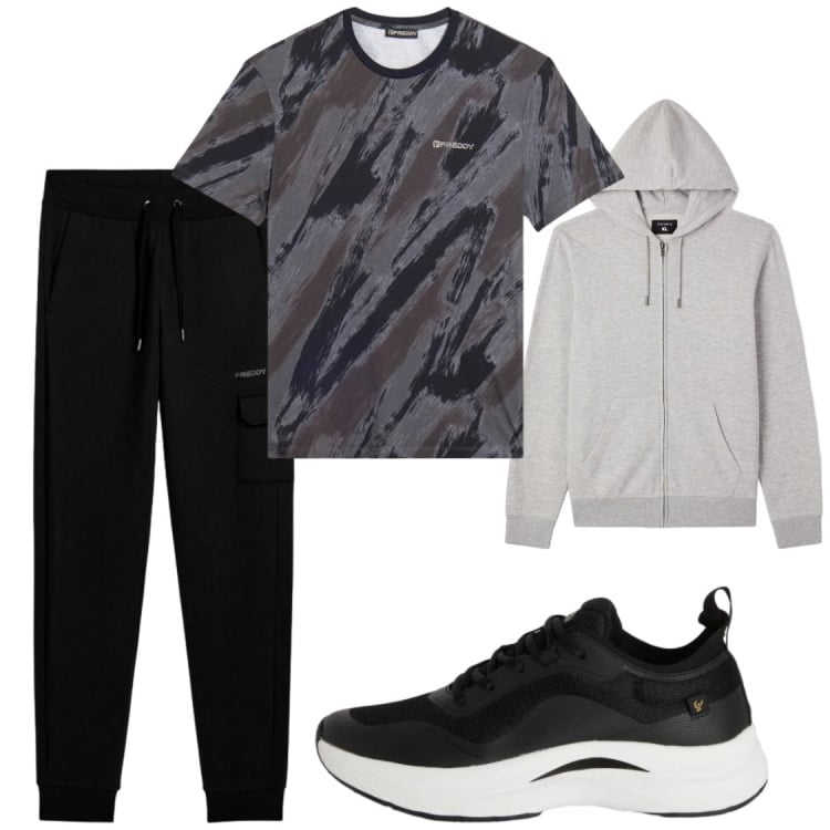 Outfit uomo - Tempo libero. Stile Casual per Sport. Abbinamento con felpe con cappuccio, sneakers, t-shirt, pantaloni cargo.