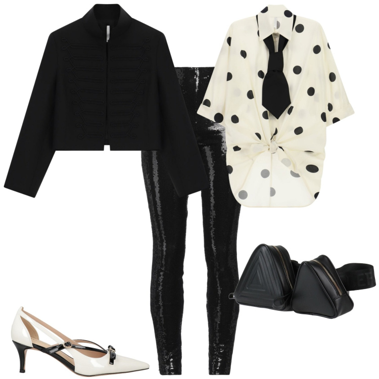 Outfit donna - Glamour serata evento. Stile Glamour per Serata fuori. Abbinamento con décolleté, marsupi, leggings, blazer, camicie a manica corta.
