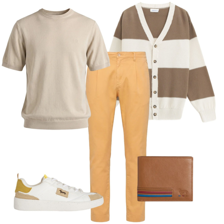 Outfit uomo - Pantalone focus. Stile Trendy per Tutti i giorni. Abbinamento con cardigans, sneakers, portafogli, pantaloni, t-shirt.
