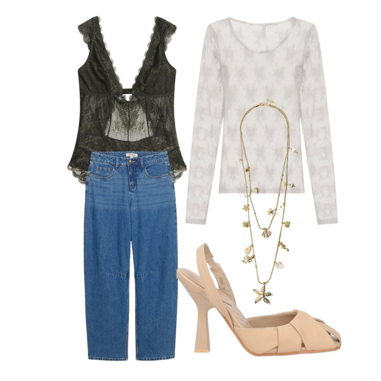 Outfit donna - Venerdì sera. Stile Sexy per Serata fuori. Abbinamento con décolleté, jeans, body, top, collane.