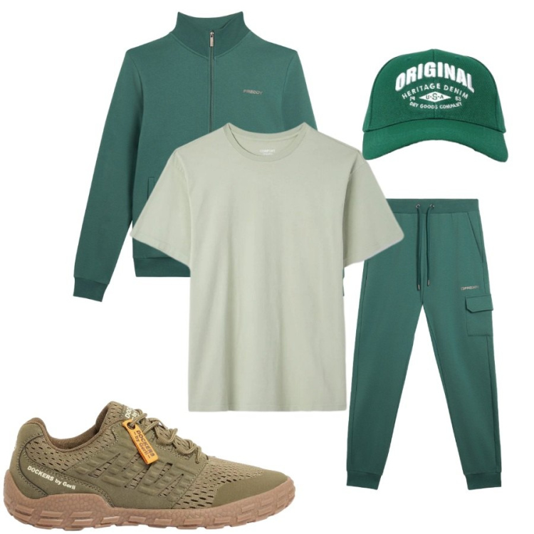 Outfit uomo - Total look #2406018. Stile Casual per Tutti i giorni. Abbinamento con sneakers, cappelli con visiera, t-shirt, pantaloni cargo, felpe.
