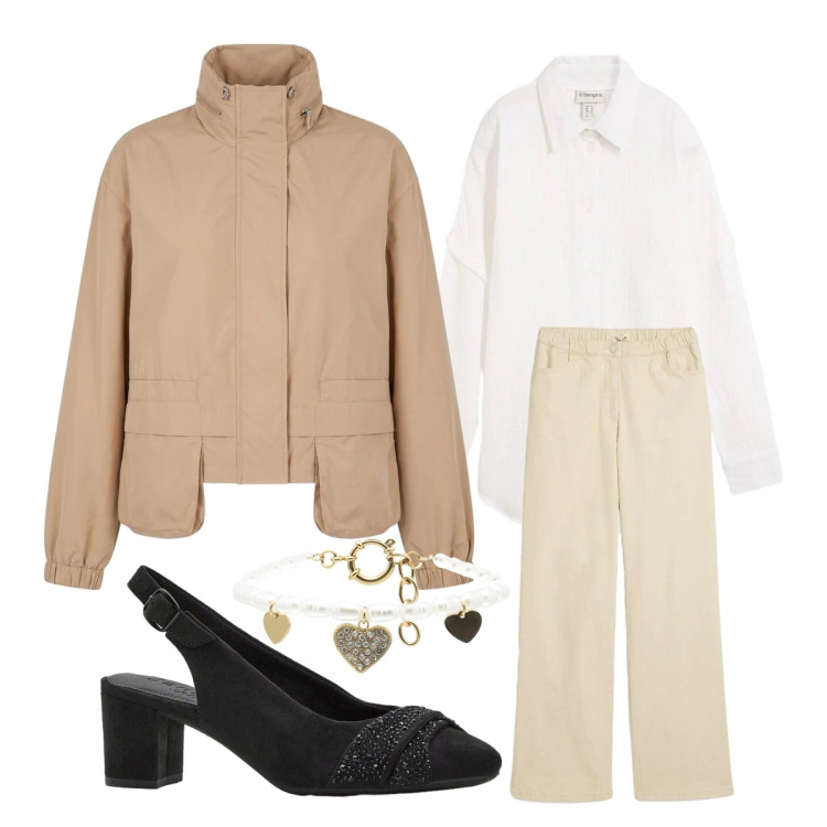 Outfit donna - Spring Urban style. Stile Urban per Ufficio. Abbinamento con camicie, décolleté, pantaloni a palazzo, bomber, braccialetti.