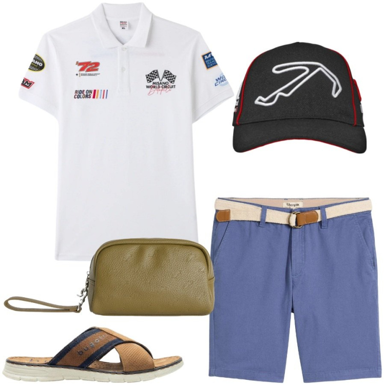 Outfit uomo - Total look #2406022. Stile Casual per Tutti i giorni. Abbinamento con bermuda, sandali, polo, cappelli con visiera, borse sportive.