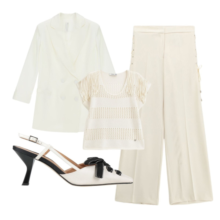 Outfit donna - Comunione a maggio. Stile Chic per Cerimonia. Abbinamento con décolleté, pantaloni, blazer, top.