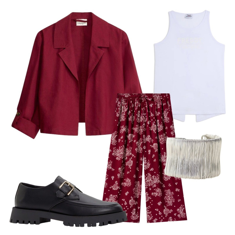 Outfit donna - Rosso trendy. Stile Preppy per Scuola/Università. Abbinamento con mocassini, blazer, pantaloni a palazzo, braccialetti, canottiere.