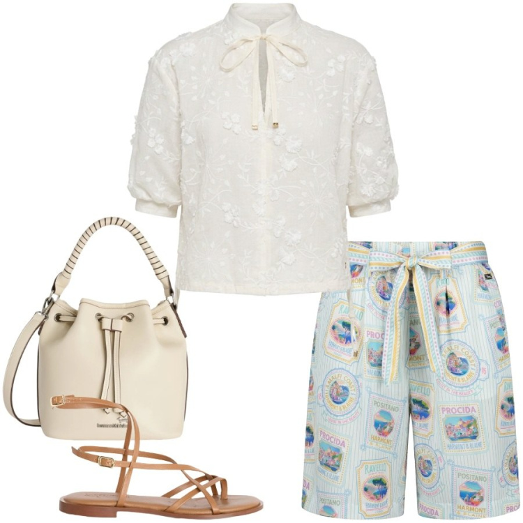 Outfit donna - Total look #2406038. Stile Casual chic per Tutti i giorni. Abbinamento con sandali in pelle, bluse, bermuda, borse a secchiello.