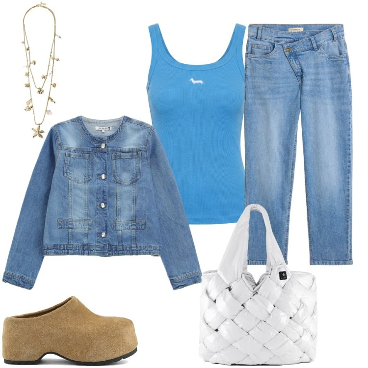 Outfit donna - Total look #2406041. Stile Casual chic per Tutti i giorni. Abbinamento con jeans mom, collane, canottiere, blazer, borse tote, zoccoli.