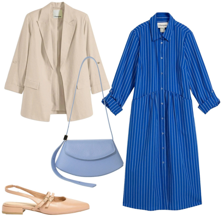 Outfit donna - Outfit di primavera. Stile Minimal per Tutti i giorni. Abbinamento con vestiti midi/longuette, blazer, ballerine, borse a spalla.