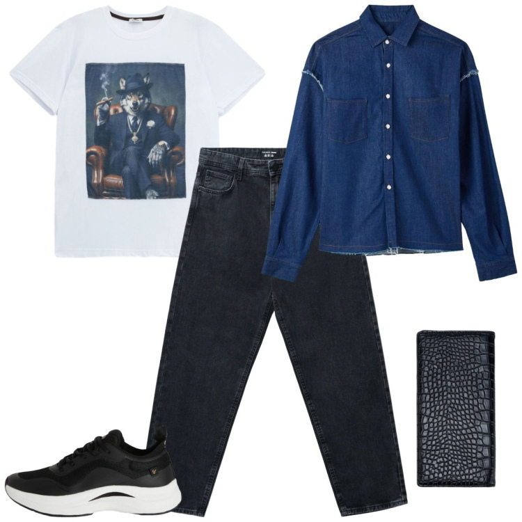 Outfit uomo - Total look #2406044. Stile Casual per Serata speciale. Abbinamento con jeans, camicie, t-shirt, sneakers, portafogli.