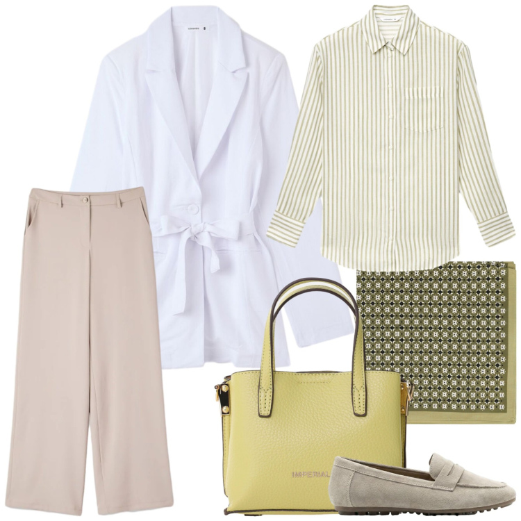 Outfit donna - Appuntamento di lavoro. Stile Casual chic per Ufficio. Abbinamento con mocassini, camicie, pantaloni, blazer, borse a tracolla, foulard.