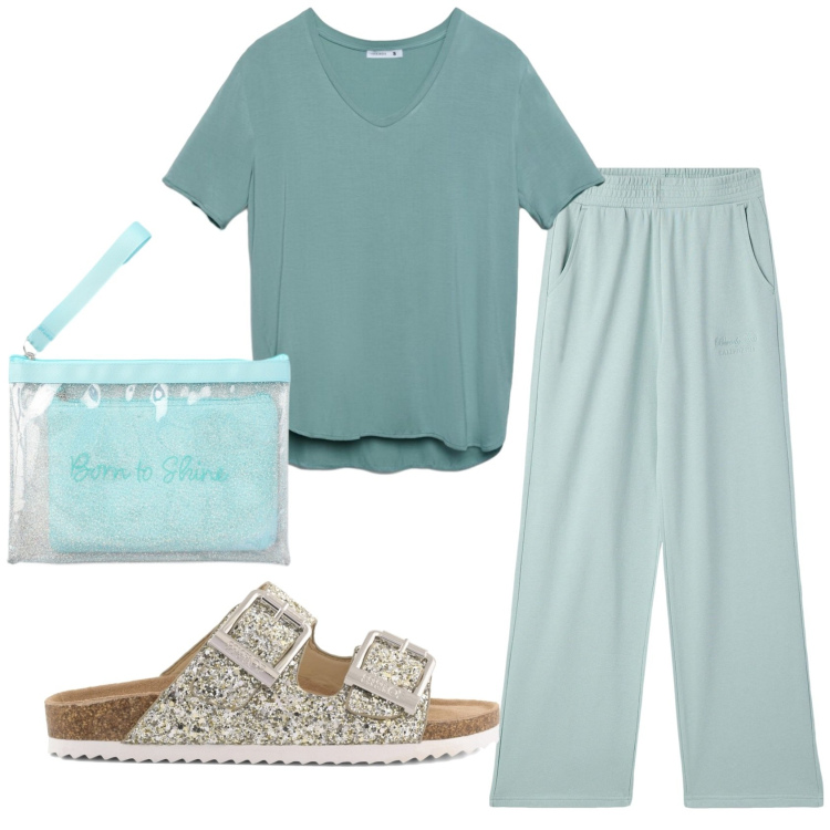 Outfit donna - Total look #2406046. Stile Basic per Tutti i giorni. Abbinamento con pantaloni, t-shirt, pochette, sandali.