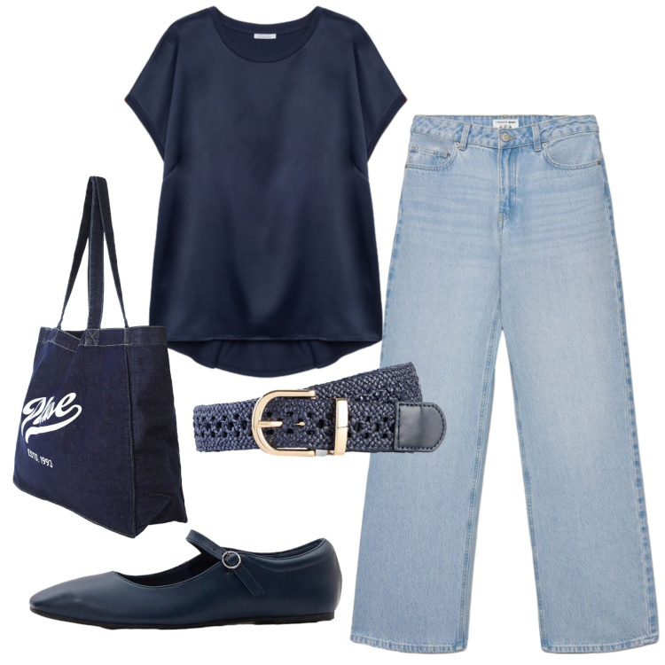 Outfit donna - Total look #2406050. Stile Casual per Ufficio. Abbinamento con ballerine, cinture, jeans, shopping bag, bluse.