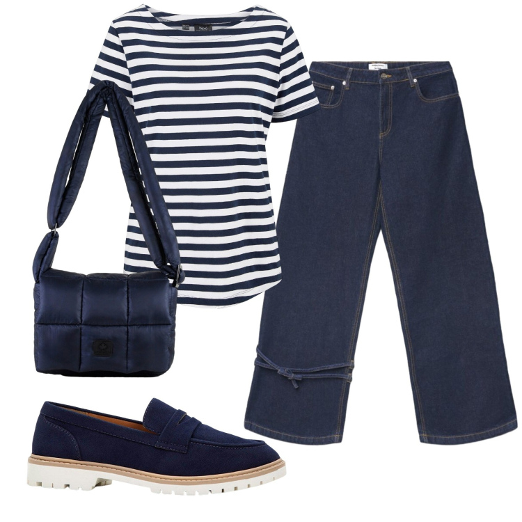 Outfit donna - Total look #2406055. Stile Casual per Tutti i giorni. Abbinamento con t-shirt, mocassini, jeans dritti, borse a spalla.