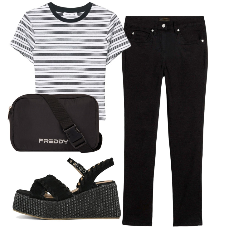 Outfit donna - Total look #2406056. Stile Casual per Tutti i giorni. Abbinamento con jeans slim fit, t-shirt, borse a tracolla, zeppe.