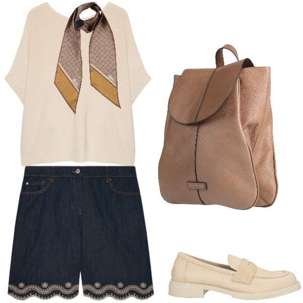 Outfit donna - Total look #2406059. Stile Casual chic per Tutti i giorni. Abbinamento con sciarpe, zaini, mocassini, t-shirt, bermuda.