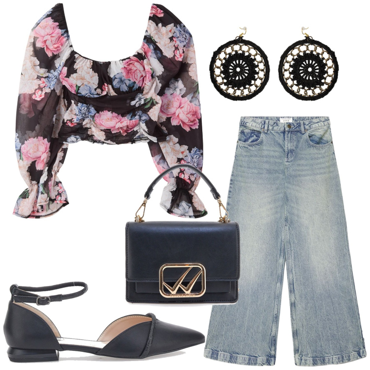 Outfit donna - Total look #2406060. Stile Romantica per Serata fuori. Abbinamento con bluse, jeans, orecchini, ballerine, borse a tracolla.