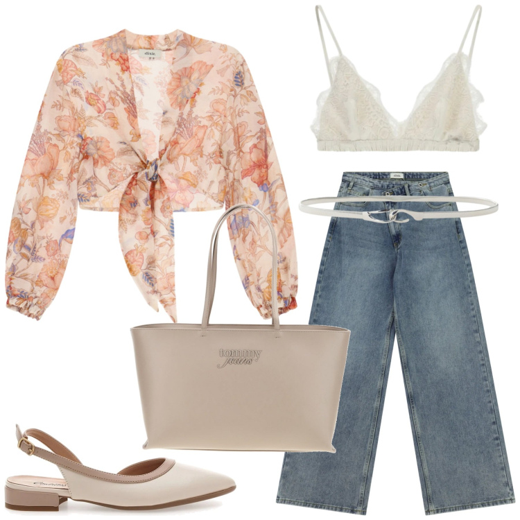 Outfit donna - Total look #2406062. Stile Romantica per Serata fuori. Abbinamento con reggiseni, jeans, cinture, bluse, ballerine, borse a spalla.
