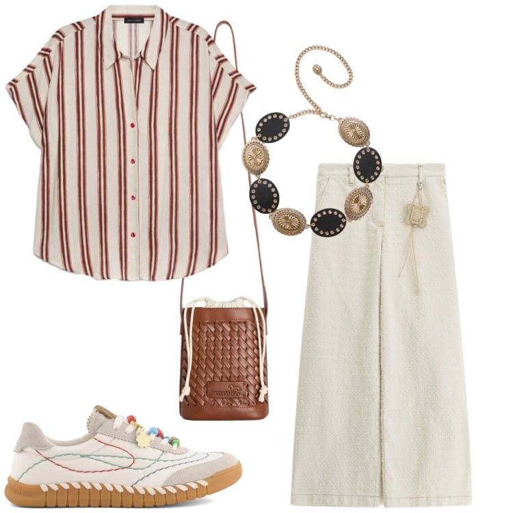Outfit donna - Total look #2406065. Stile Basic per Tutti i giorni. Abbinamento con cinture, borse a secchiello, pantaloni a palazzo, camicie a manica corta, sneakers.
