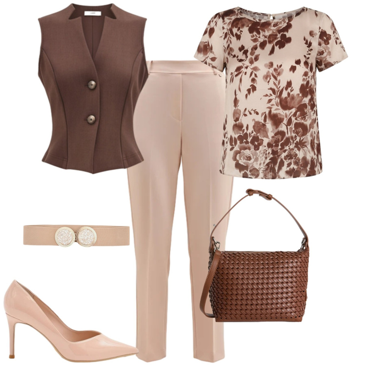 Outfit donna - City. Stile Urban per Tutti i giorni. Abbinamento con pantaloni, bluse, décolleté, cinture, gilet, borse a spalla.