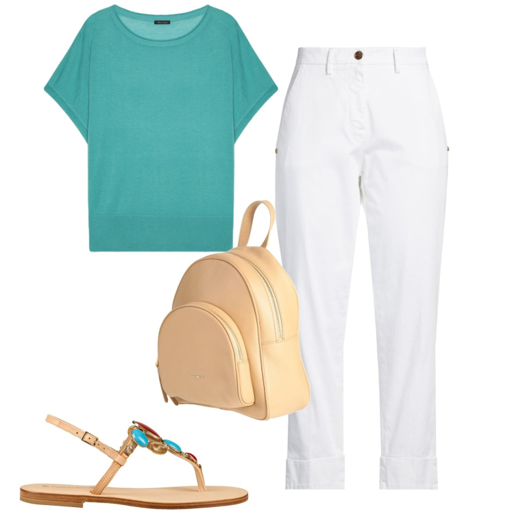 Outfit donna - Turchese e bianco. Stile Casual chic per Tutti i giorni. Abbinamento con zaini, pantaloni, infradito, t-shirt.