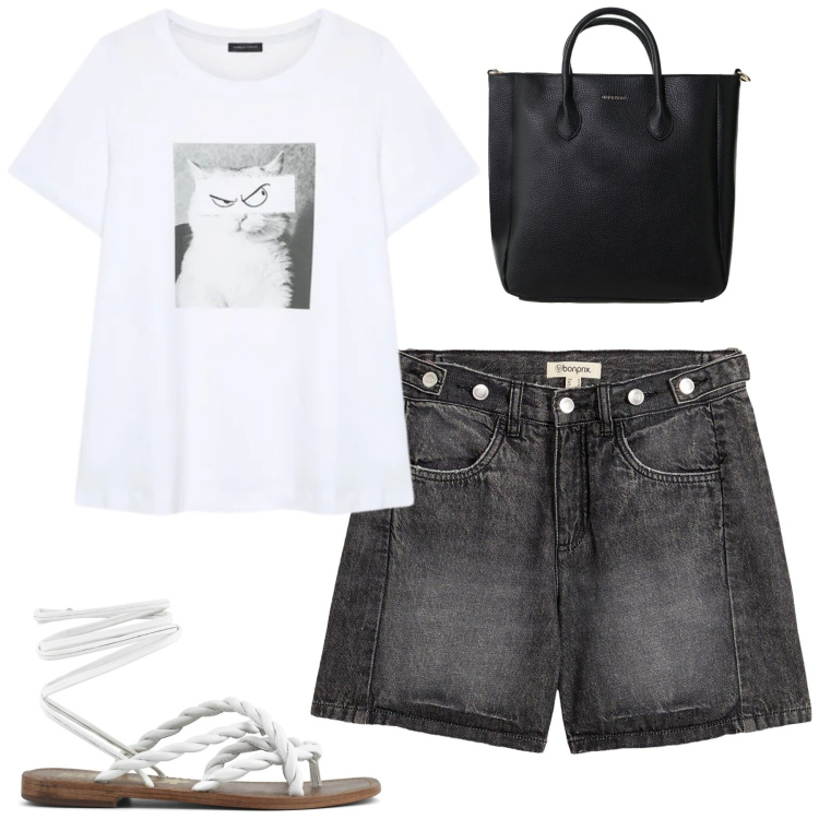Outfit donna - ️. Stile Casual per Tutti i giorni. Abbinamento con shorts, borse a tracolla, t-shirt, sandali in pelle.