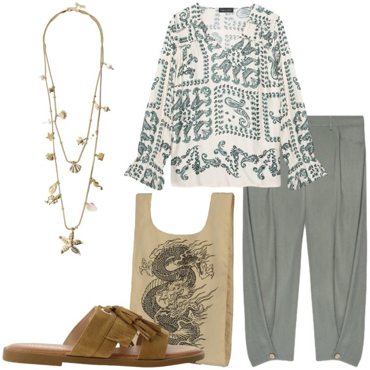 Outfit donna - Stampe che raccontano - Donna Curvy. Stile Etnico per Tutti i giorni. Abbinamento con sandali, collane, pantaloni, bluse, shopping bag.
