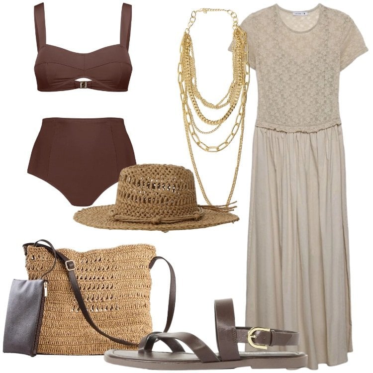 Outfit donna - Look da giornata all’aperto donna curvy. Stile Boho per Mare. Abbinamento con sandali, borse a tracolla, vestiti lunghi, collane, cappelli, bikini.
