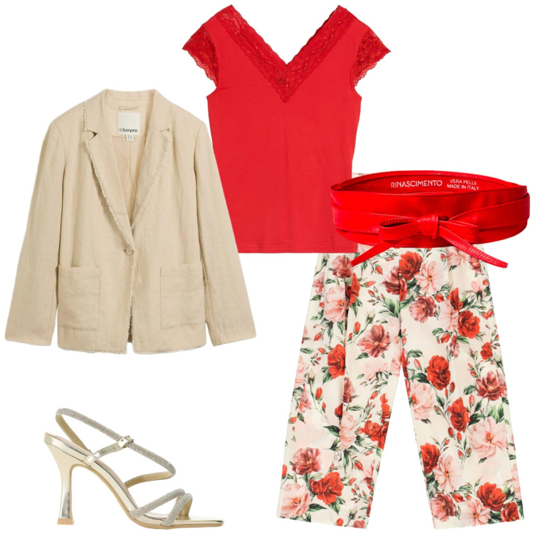 Outfit donna - Un outfit in primavera. Stile Glamour per Serata fuori. Abbinamento con blazer, canottiere, cinture, sandali col tacco, pantaloni a palazzo.