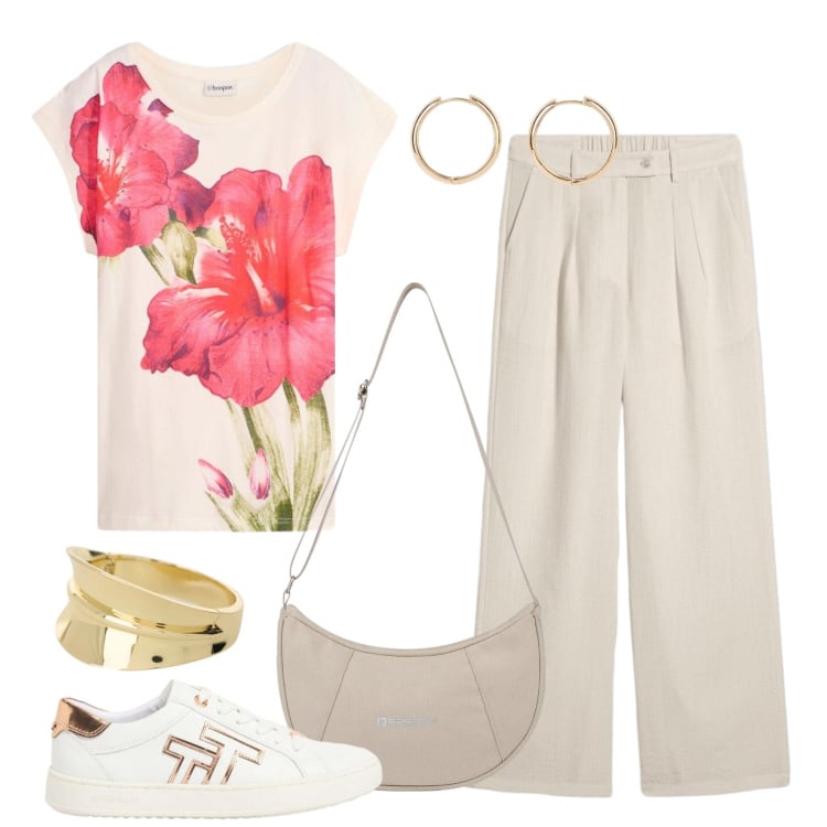 Outfit donna - La t-shirt a fiori. Stile Basic per Tutti i giorni. Abbinamento con t-shirt, pantaloni, sneakers, orecchini, braccialetti, borse a spalla.