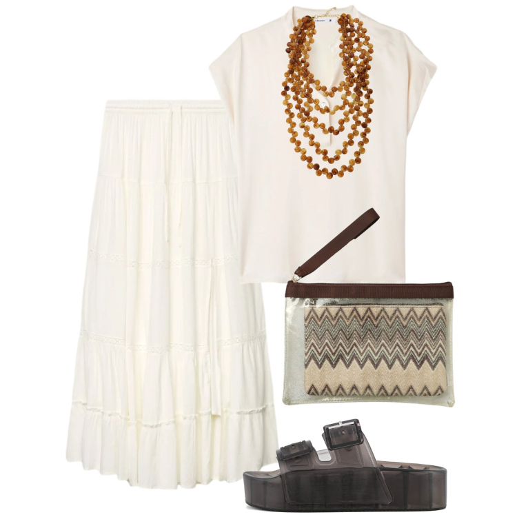 Outfit donna - Avorio. Stile Boho per Tutti i giorni. Abbinamento con canottiere, gonne lunghe, pochette, collane, sandali.