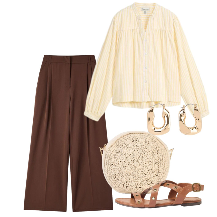 Outfit donna - Maggio. Stile Etnico per Tutti i giorni. Abbinamento con orecchini, bluse, borse a tracolla, sandali, pantaloni.