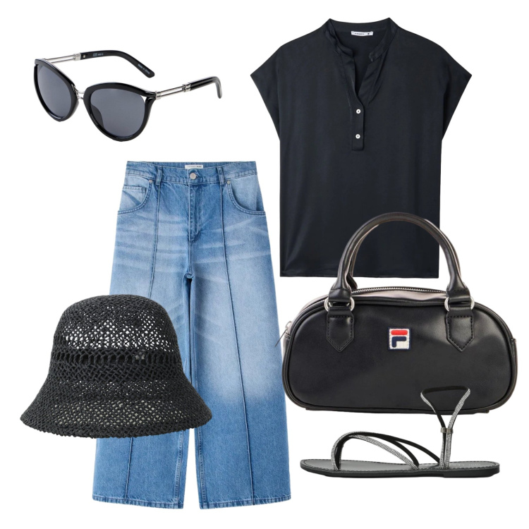 Outfit donna - Maggio. Stile Basic per Tutti i giorni. Abbinamento con borse a tracolla, occhiali da sole, jeans, canottiere, sandali, cappelli.