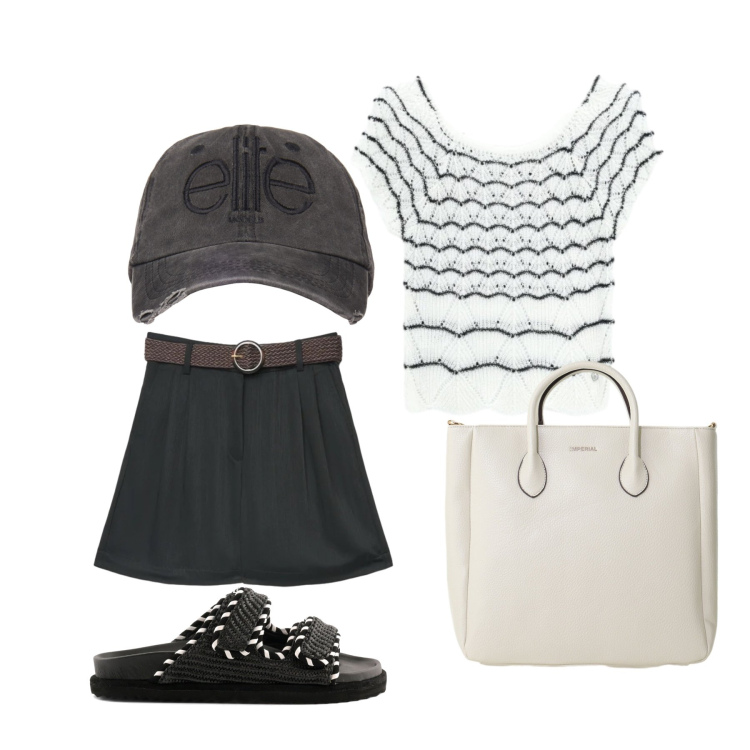 Outfit donna - Maggio. Stile Casual per Tutti i giorni. Abbinamento con bermuda, borse a tracolla, canottiere, cappelli, sandali.