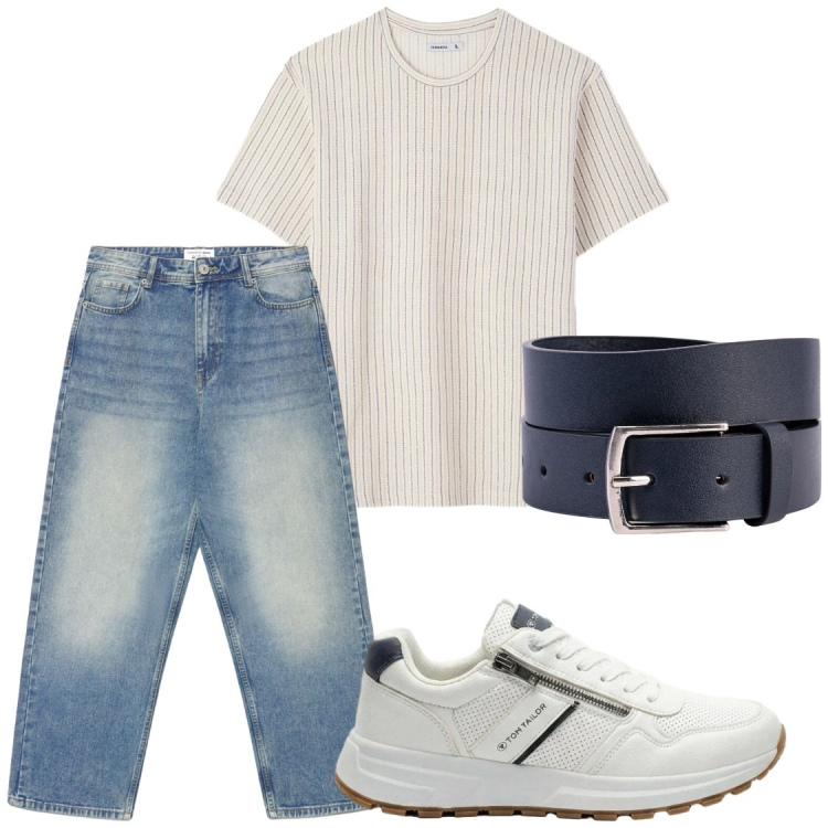 Outfit uomo - All day. Stile Casual per Tutti i giorni. Abbinamento con sneakers, jeans dritti, t-shirt, cinture.