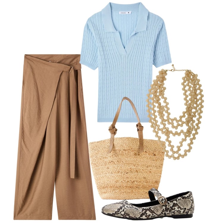 Outfit donna - Maggio. Stile Bon Ton per Tutti i giorni. Abbinamento con ballerine, shopping bag, pantaloni, polo, collane.