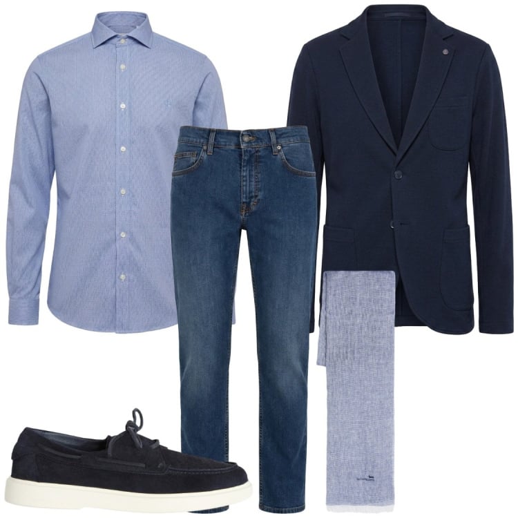 Outfit uomo - Eleganza in jieans. Stile Business/Elegante per Ufficio. Abbinamento con sciarpe, jeans, scarpe stringate, camicie, giacche.