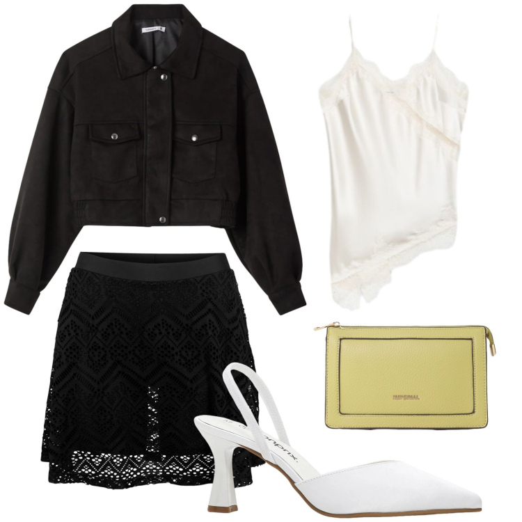 Outfit donna - Gonna con pizzo. Stile Glamour per Serata fuori. Abbinamento con gonne, décolleté, bomber, canottiere, borse a tracolla.