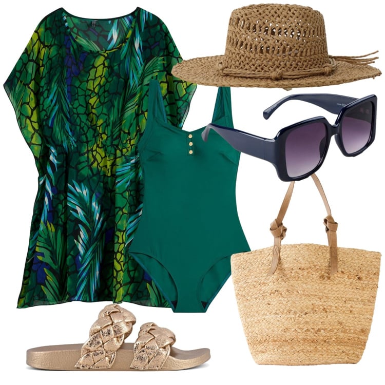 Outfit donna - Prima spiaggia. Stile Chic per Mare. Abbinamento con costumi interi, shopping bag, vestiti da spiaggia, occhiali da sole, cappelli, ciabatte.