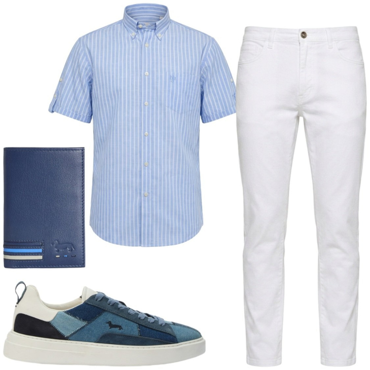 Outfit uomo - Serate. Stile Trendy per Serata speciale. Abbinamento con portafogli, camicie a manica corta, jeans, sneakers.