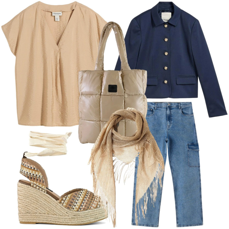 Outfit donna - Foulard e zeppe. Stile Casual per Tutti i giorni. Abbinamento con tuniche, blazer, jeans dritti, canottiere, shopping bag, zeppe.