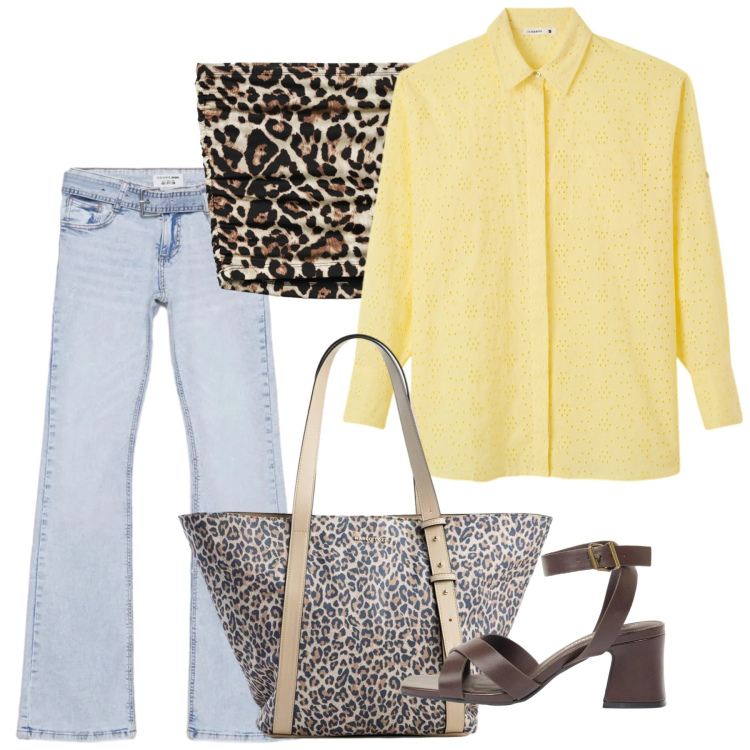 Outfit donna - Vita bassa e fascia animalier. Stile Casual chic per Tutti i giorni. Abbinamento con shopping bag, sandali col tacco, jeans a zampa, camicie, top.