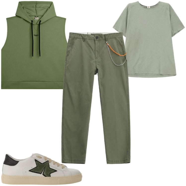 Outfit uomo - Look monocromatico chiaro: verde. Stile Trendy per Tutti i giorni. Abbinamento con pantaloni, sneakers, t-shirt, felpe con cappuccio.