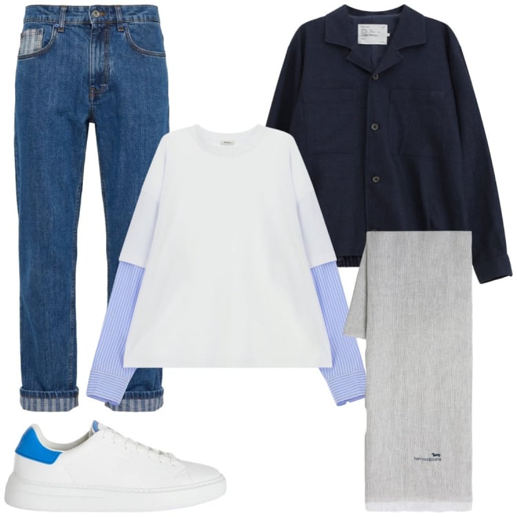 Outfit uomo - Fredda primavera. Stile Trendy per Tutti i giorni. Abbinamento con cappotti, t-shirt, sneakers, sciarpe, jeans.