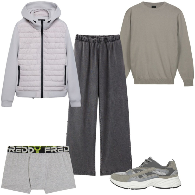 Outfit uomo - Look monocromatico chiaro : grigio. Stile Casual per Tutti i giorni. Abbinamento con sneakers, pantaloni sportivi, giacche, boxer, maglieria.