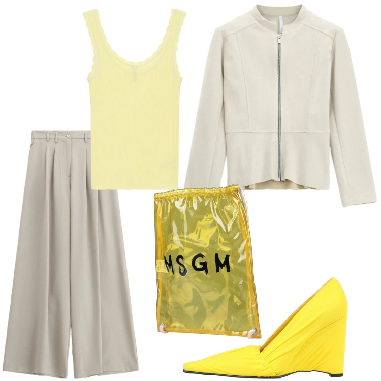 Outfit donna - Accessori solari. Stile Glamour per Tutti i giorni. Abbinamento con zaini, décolleté, blazer, canottiere, pantaloni a palazzo.