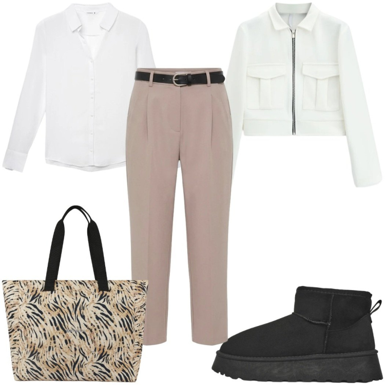 Outfit donna - Total look #2406142. Stile Casual per Tutti i giorni. Abbinamento con stivaletti, camicie, pantaloni, cappotti, shopping bag.