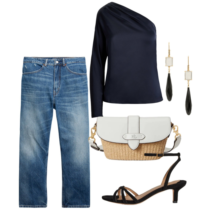 Outfit donna - Blusa + jeans - Il nuovo everyday look. Stile Casual chic per Serata fuori. Abbinamento con borse a spalla, jeans, bluse, sandali col tacco, orecchini.