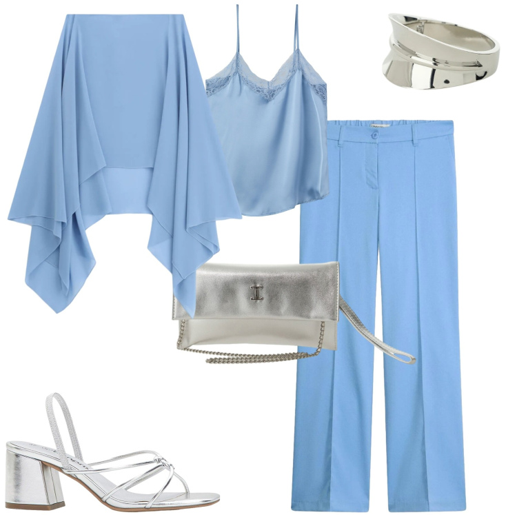 Outfit donna - A cena. Stile Minimal per Serata fuori. Abbinamento con pantaloni, sandali col tacco, canottiere, cappe, braccialetti, borse a tracolla.