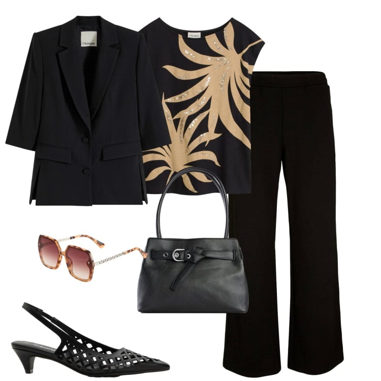 Outfit donna - City. Stile Urban per Tutti i giorni. Abbinamento con t-shirt, pantaloni a palazzo, blazer, décolleté, occhiali da sole, borse a mano.
